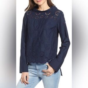 J. CREW FUNNELNECK EYELET SHIRT IN NAVY women’s size 12